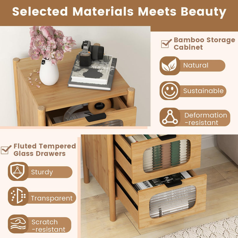 Giantex 4 Drawer Storage Cabinet with Fluted Tempered Glass Drawers