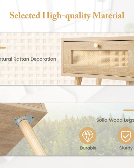 Giantex Boho Rattan Nightstand Set of 2 - Bedside Table with Hand-Woven Rattan Decoration, Natural