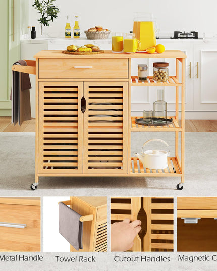 Giantex Bamboo Kitchen Island Cart with Drawer and Storage Cabinet
