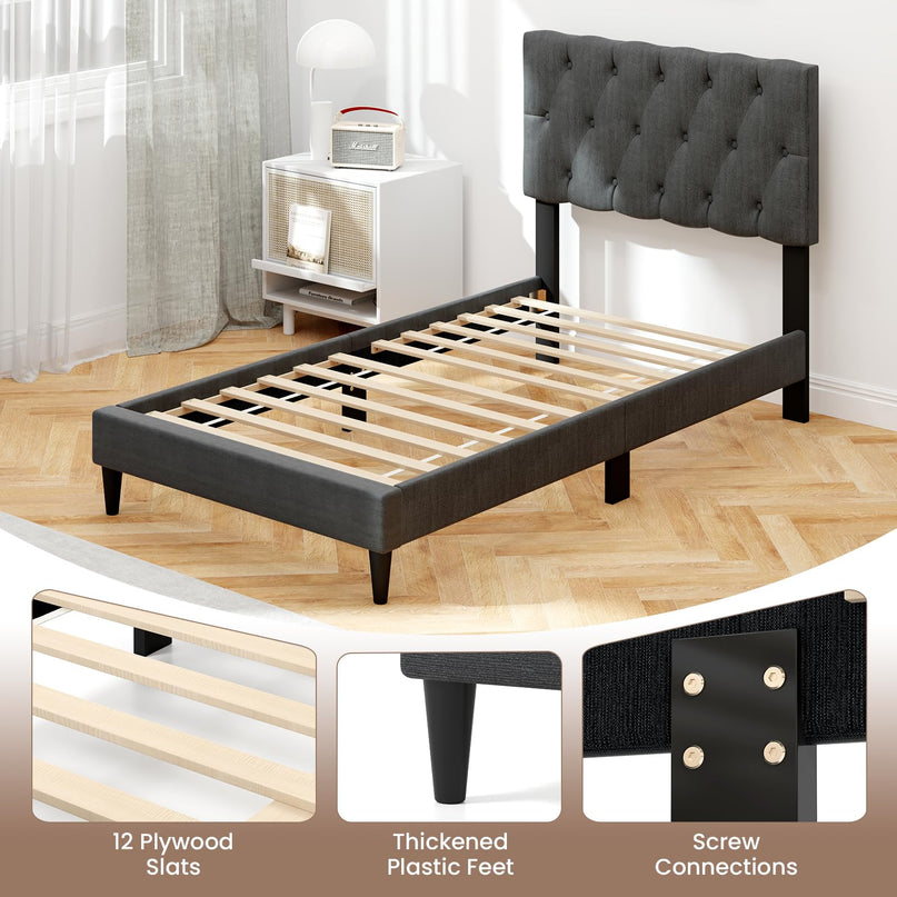 Modern Upholstered Platform Bed Frame with Diamond Tufting Headboard