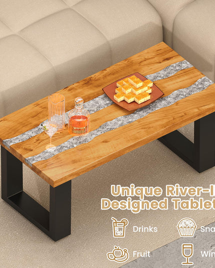Giantex Teak Outdoor Coffee Table, Rectangular Resin Side Table with River Feel Epoxy Tabletop