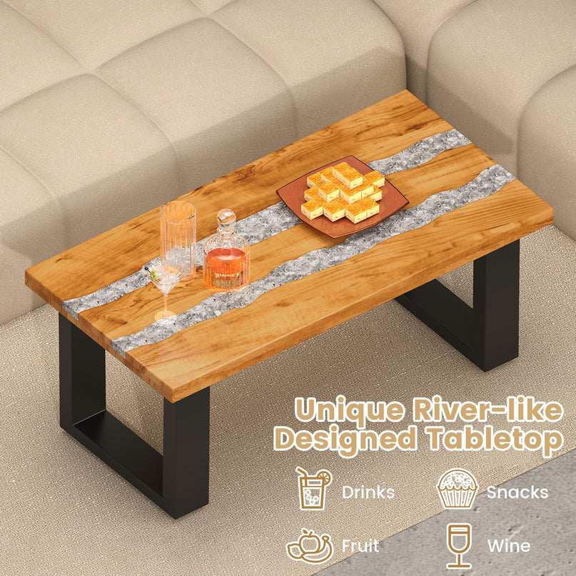 Giantex Teak Outdoor Coffee Table, Rectangular Resin Side Table with River Feel Epoxy Tabletop