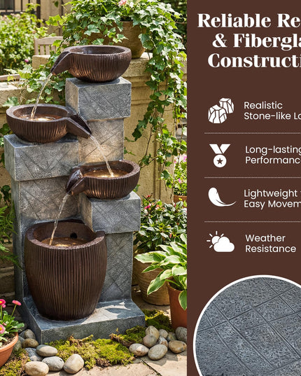 Giantex 4-Tier Cascading Bowls Waterfall Fountain with Warm LED Lights & Pump