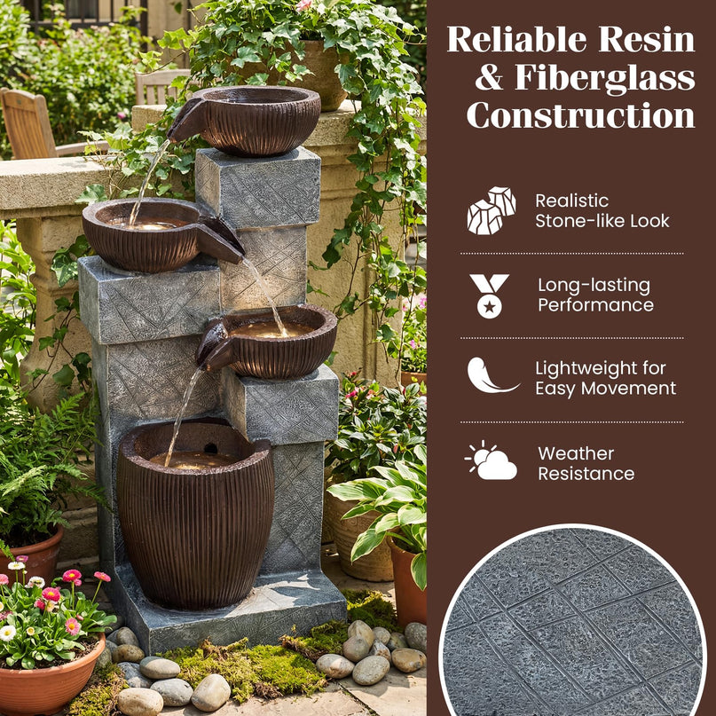 Giantex 4-Tier Cascading Bowls Waterfall Fountain with Warm LED Lights & Pump
