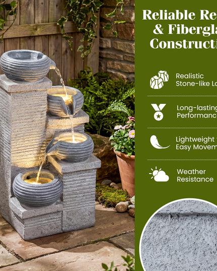 Giantex 23 Inch Cascading Bowls Waterfall Fountain with Warm LED Lights & Pump (4-Tier)