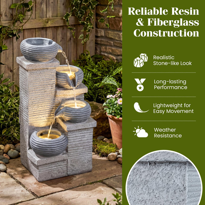 Giantex 23 Inch Cascading Bowls Waterfall Fountain with Warm LED Lights & Pump (4-Tier)