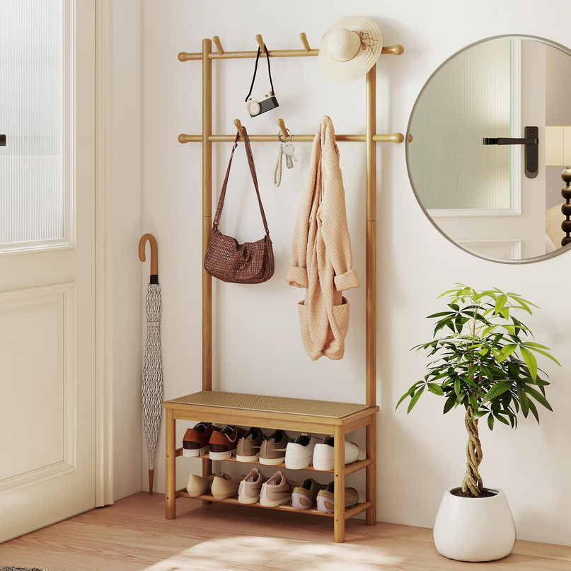 Giantex PE Rattan Hall Tree with Bench & Shoe Storage for Entryway Living Room
