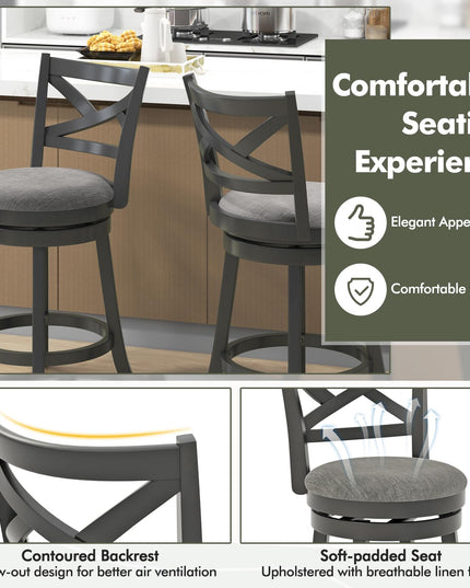 Giantex Wood Swivel Bar Stools Set of 2/4,  Upholstered Counter Height Bar Stools with X Back, Linen Cushioned Seat