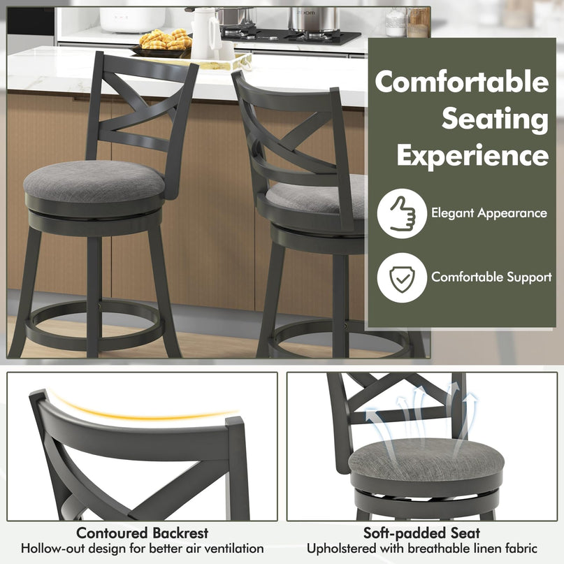 Giantex Wood Swivel Bar Stools Set of 2/4,  Upholstered Counter Height Bar Stools with X Back, Linen Cushioned Seat
