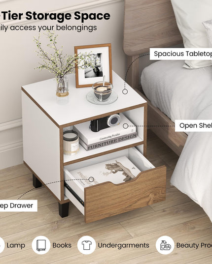 Giantex Mid Century Modern Nightstand Wooden Bedside Table with Drawer & Open Shelf
