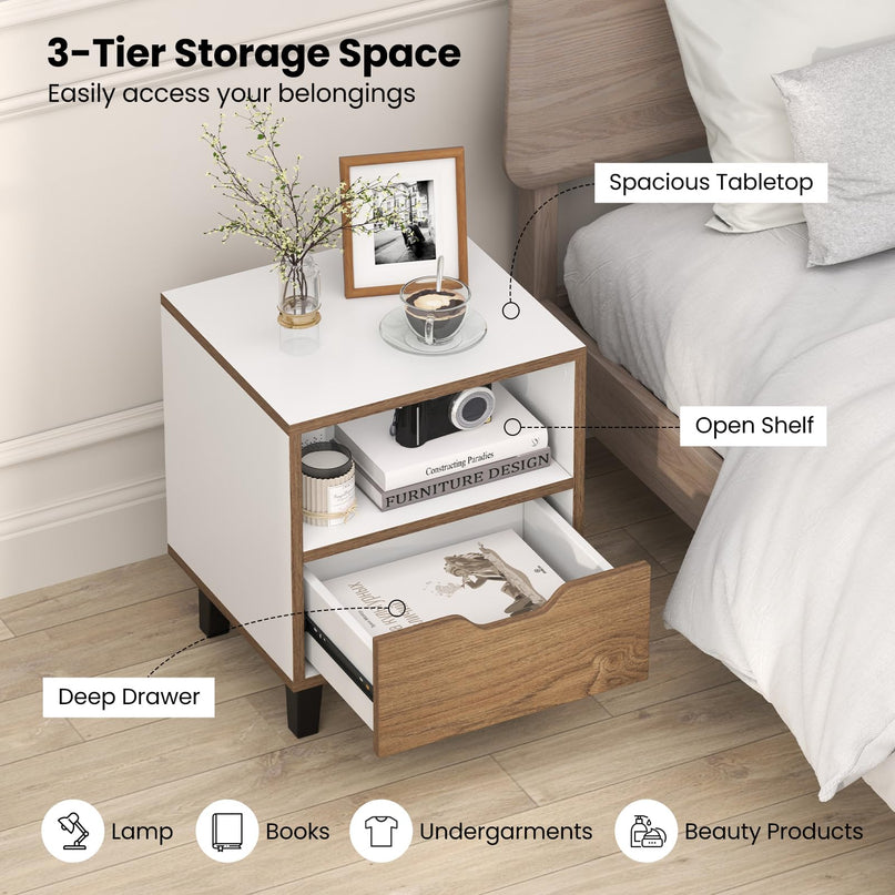 Giantex Mid Century Modern Nightstand Wooden Bedside Table with Drawer & Open Shelf