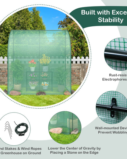 Giantex Walk-in Lean-to Greenhouse - with 3-Tier Plant Stand, 7’x 3.5’x 7’ Green House, PE Grid Cover
