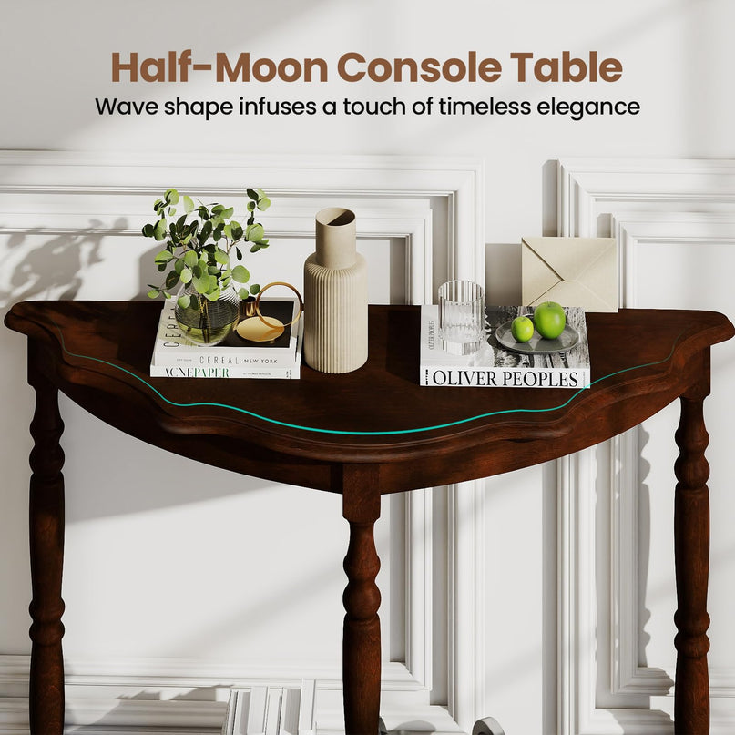 Giantex 42" Half Moon Console Table with Storage Shelf & Carved Rubber Wood Legs