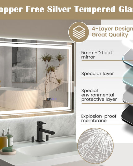 LED Bathroom Mirror, Lighted Beveled Edge Vanity Mirror Wall Mounted