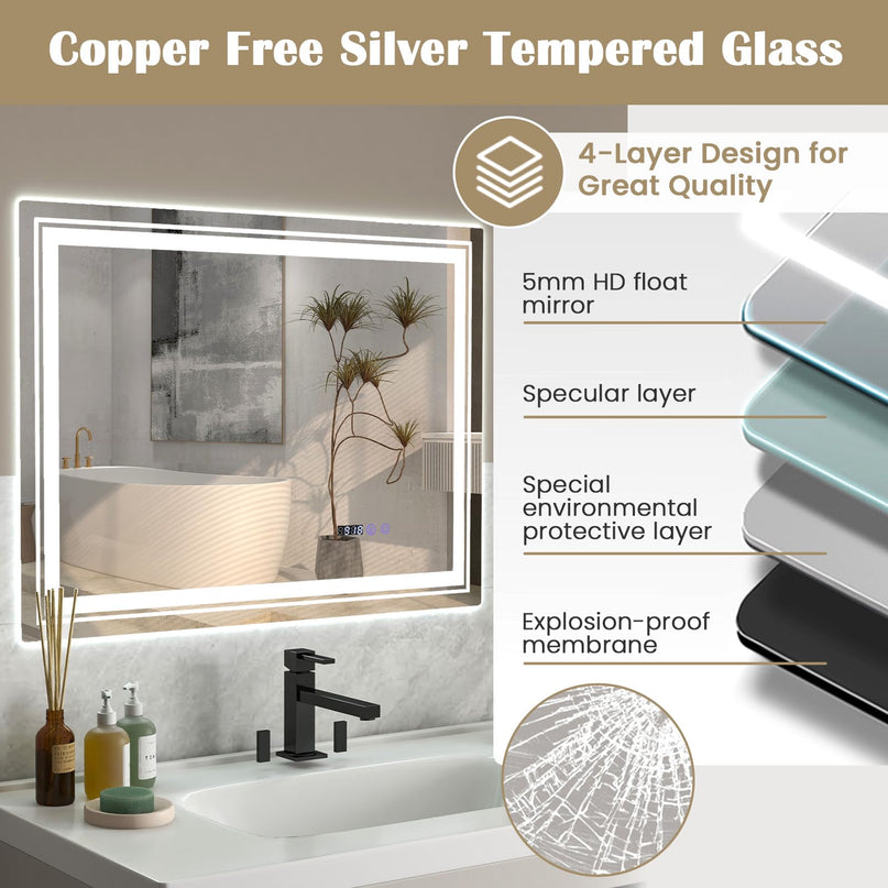 LED Bathroom Mirror, Lighted Beveled Edge Vanity Mirror Wall Mounted