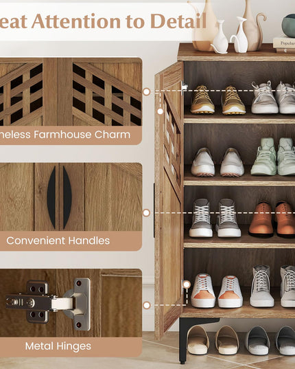 Meuble Organiseur de Chaussures Giantex à 4 Niveaux en Bois avec Portes Tressées Creuses et Étagères Amovibles