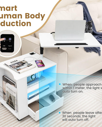 Nightstand with Charging Station and LED Lights - Giantex