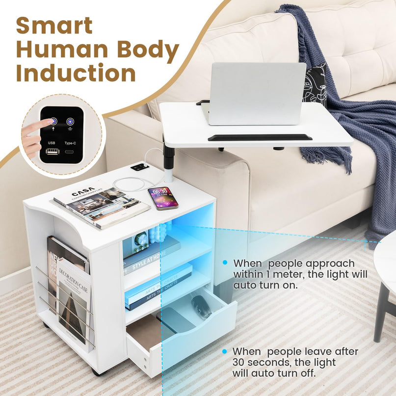 Nightstand with Charging Station and LED Lights - Giantex