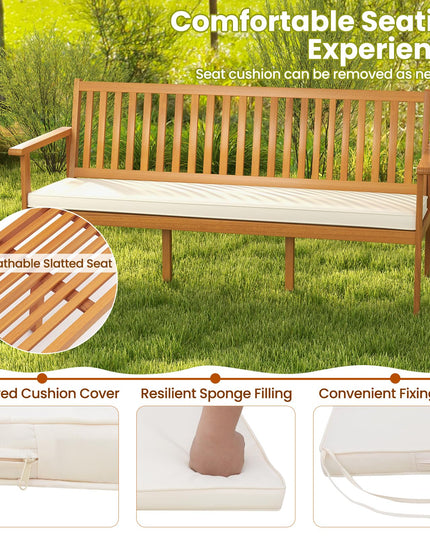 Giantex Acacia Wood Outdoor Bench, 3-Seat Patio Bench with Removable Seat Cushion