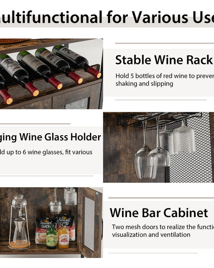 Giantex Wine Bar Cabinet, Industrial Liquor Cabinet with Glass Holder, Removable Wine Rack (Rustic Brown & Black)