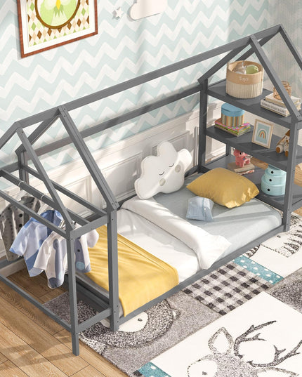 Giantex Twin Floor Bed, Wood Montessori Floor Bed with Detachable 3 Tier Storage Bookshelf & Clothes Rack