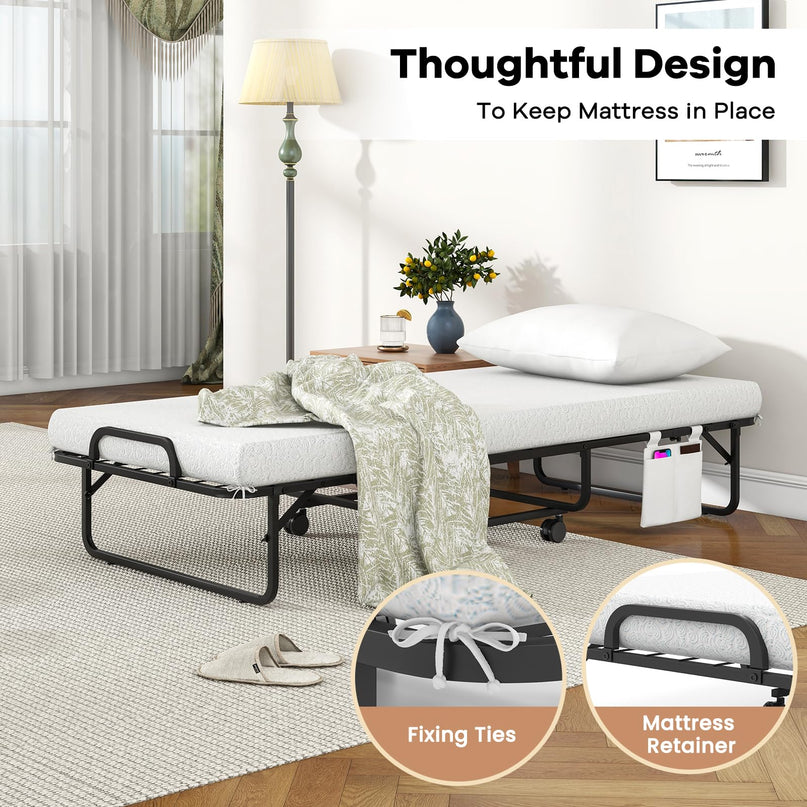 Giantex Folding Bed with Mattress and Top Pillow, Cot Portable Guest Bed w/Metal Frame, 75" x 31"