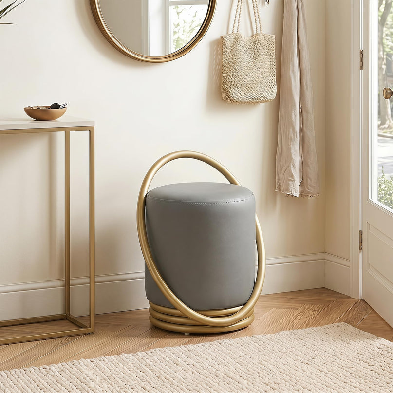Giantex Modern Round Upholstered Vanity Stool with Gold Halo Metal Accent