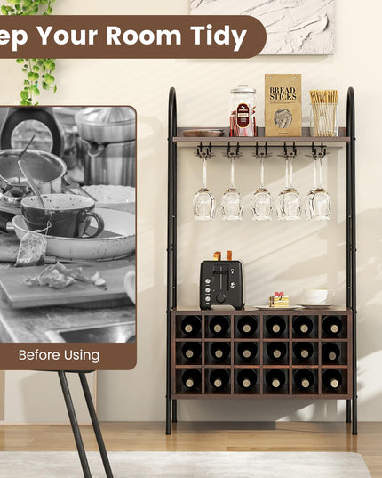 Giantex 18-Bottle Wine Rack Freestanding Floor, Kitchen Baker’s Rack w/ 15 Glasses Holder, Rustic Brown