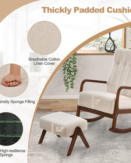 Giantex Rocking Chair with Ottoman, Upholstered Rocker Chair with Solid Rubber Wood Frame