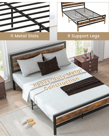 Giantex Queen Metal Platform Bed Frame with Wooden Headboard & Footboard, Rustic Brown