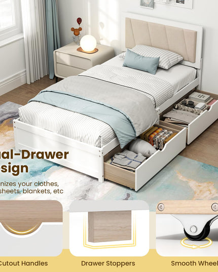Giantex Wood Twin Bed with 2 Storage Drawers, Solid Wood Platform Bed with Upholstered Headboard