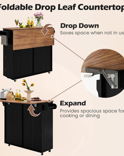 Giantex Kitchen Island Cart with Hidden Tilt Out Trash Can Cabinet, Drop Leaf, 2 Drawers, Towel Rack