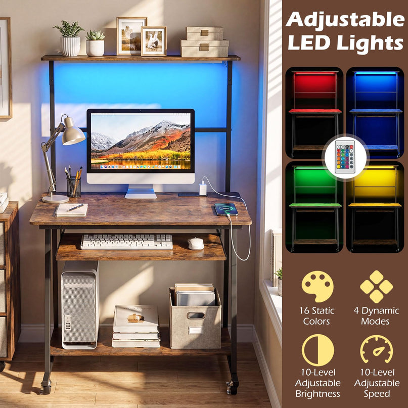 Giantex 31.5" Small Computer Desk with Charging Station & LED Lights