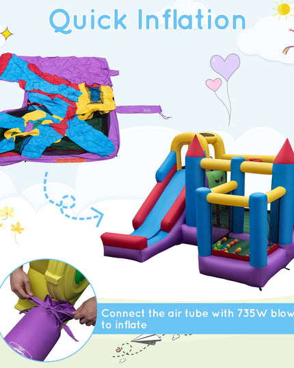 5-in-1 Inflatable Bounce Castle, Giant Blowup Jumping House with Slide for Kids w/735W Air Blower