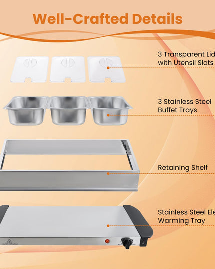 Giantex 3 Stainless Steel Pans with Lid | Electric Buffet Server & Warming Tray