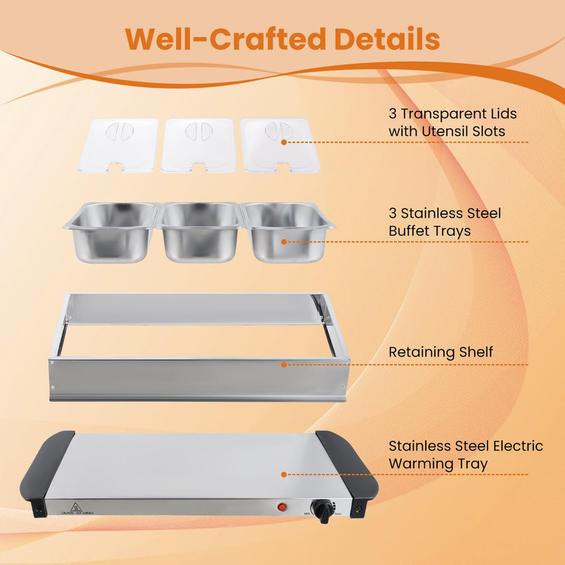 Giantex 3 Stainless Steel Pans with Lid | Electric Buffet Server & Warming Tray