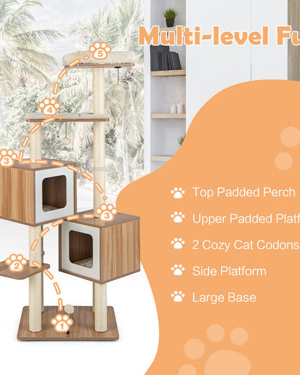 Giantex Multi-Layer Cat Tree, 64.5 inches Cat Tower with Natural Sisal Scratching Posts, 2 Condos, Padded Perch