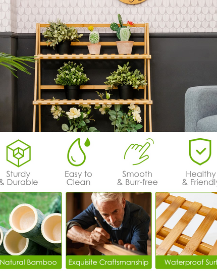 Giantex 3 Tier Folding Storage Shelf, Bamboo Ladder Plant Stand