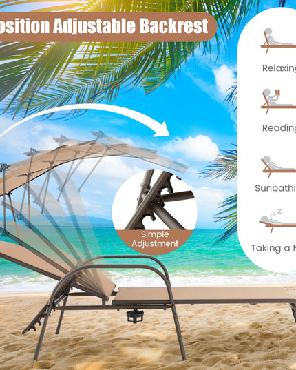 Giantex Patio Chaise Lounge Chair - Outdoor Beach Chair with Adjustable Canopy, Metal Frame Sunbathing Lounger for Outside