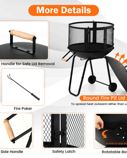 Giantex 28” Portable Fire Pit on Wheels - Mobile Wood Burning Firepit with Log Grate