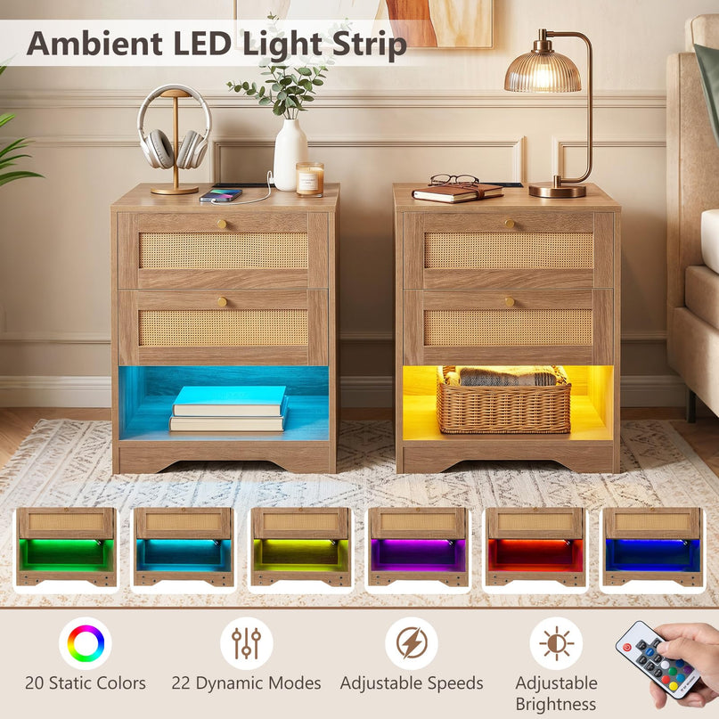 GIANTEX Rattan Nightstand with Charging Station for Bedroom