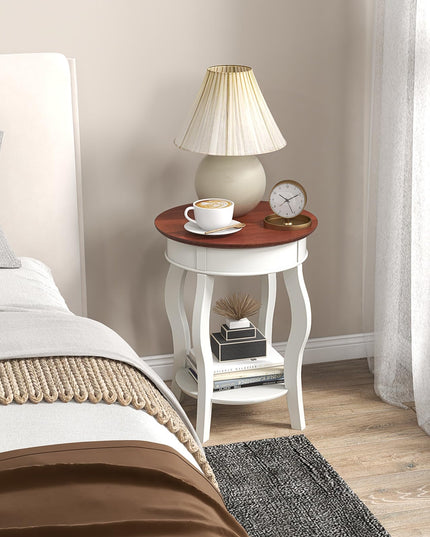 Giantex Farmhouse Round End Table, 2-Tier Sofa Side Table with Storage Shelf, Small Wooden Tea Table with Solid Rubber Wood Legs