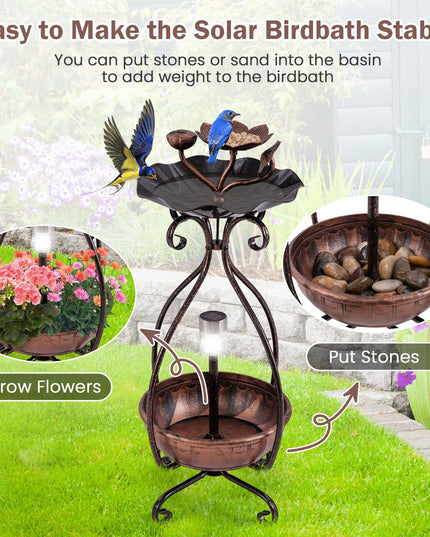 Giantex Bird Bath with Planter - Solar Lighted Bird Bath for Outside with Bird Feeder
