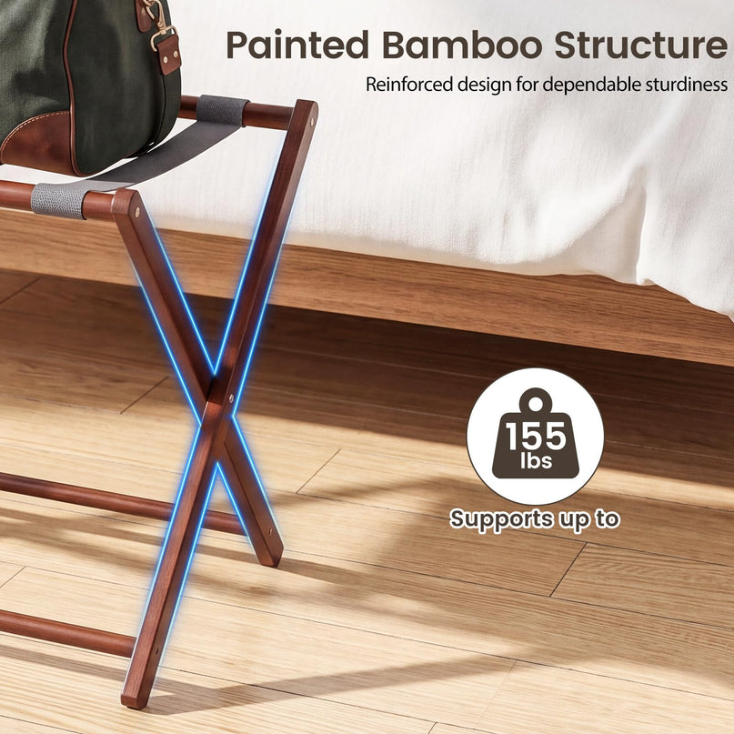 GIANTEX 27" Folding Bamboo Luggage Rack with 3 Storage Compartments (1/2)