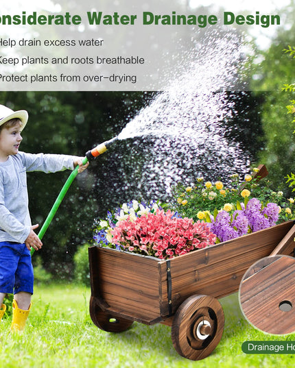 Giantex Wooden Wagon Planter Box, Decorative Wagon Cart with Wheels, Handles