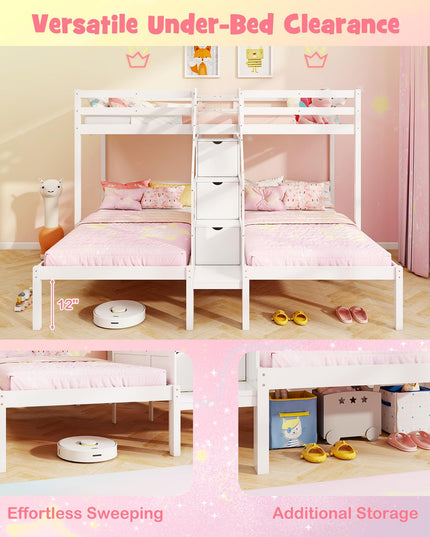 Giantex Lit Superposé Triple (Lits Jumeaux sur Lits Jumeaux et Lits Jumeaux) avec Escalier de Rangement à 4 Marches, 3 Lits Superposés en Bois pour Enfants et Adolescents