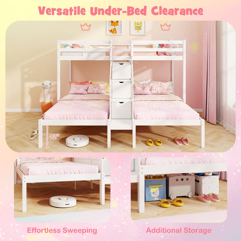 Giantex Lit Superposé Triple (Lits Jumeaux sur Lits Jumeaux et Lits Jumeaux) avec Escalier de Rangement à 4 Marches, 3 Lits Superposés en Bois pour Enfants et Adolescents