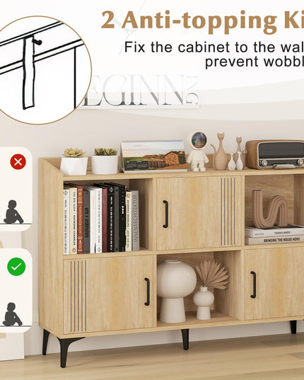 Giantex Storage Cabinet, Sideboard with 3 Doors, 3 Open Compartments, Bookcase with 5 Raised Metal Legs