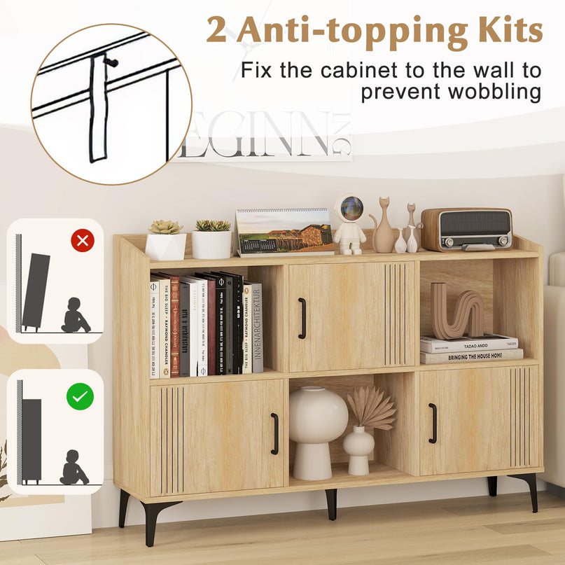 Giantex Storage Cabinet, Sideboard with 3 Doors, 3 Open Compartments, Bookcase with 5 Raised Metal Legs