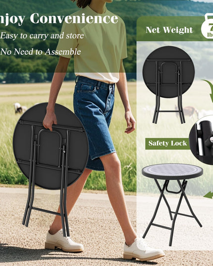 Giantex Folding Outdoor Side Table - 18” Round End Table with Tempered Glass Tabletop & Metal Frame